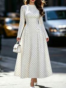 Women's White Black Polka Dot New Spring/Summer Stand Collar Short Sleeve Long Dress, Ruched Waist, Flared Hem, Soft Fabric - White - View 8