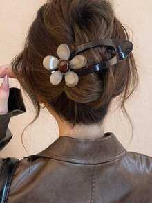 1pc Milk Coffee Flower Shaped Duckbill Hair Clip, Elegant Updo Styling Tool, Versatile Daily Hair Accessory With Elegant - Multicolor - View 3