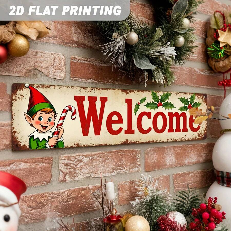 2D Flat Single Piece, Holiday Elf And Holly Berry Metal Sign, Christmas Holiday Decoration, Vintage Wall Decor, Home Winter Decorative Sign And Plaque, Size 3.94X15.75 Inches (Random Style) - A - View 1