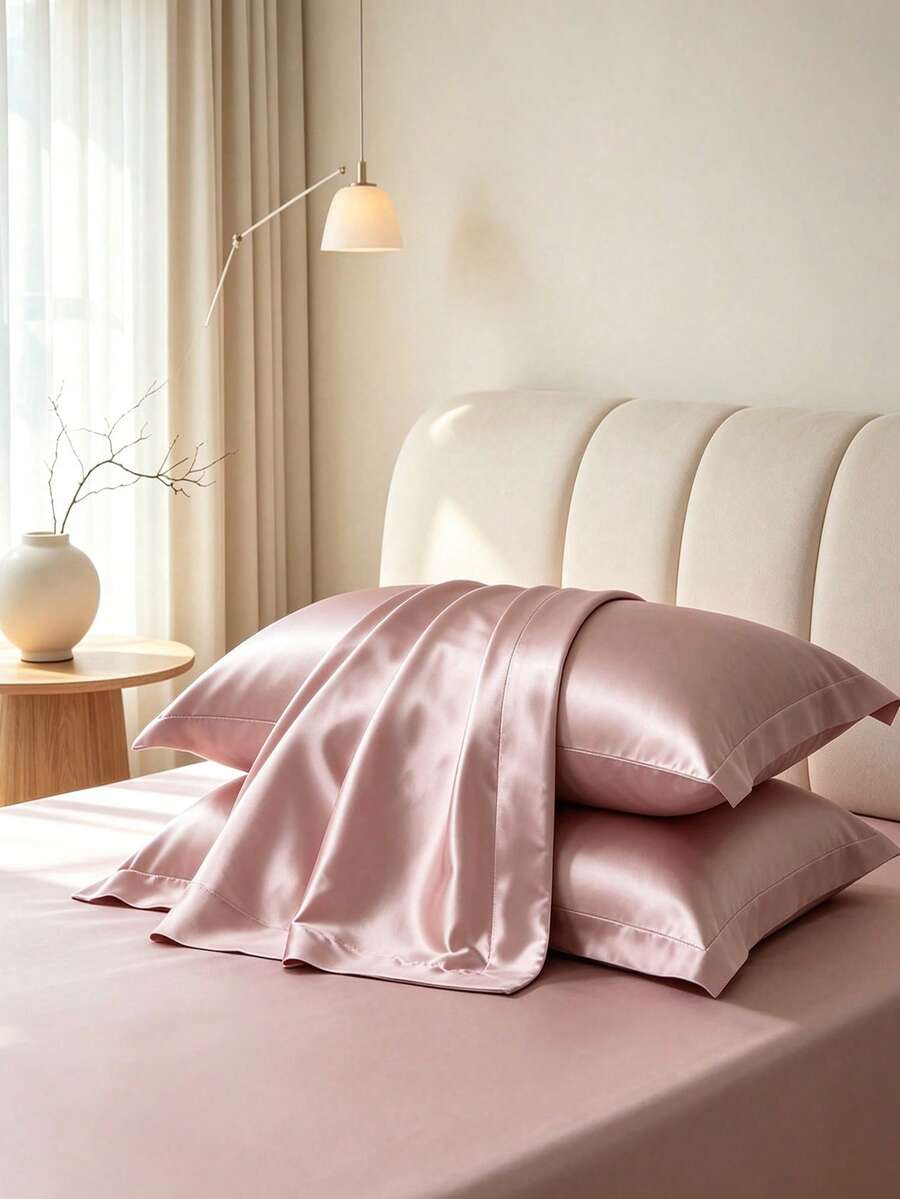 1pc, Solid Color, Soft & Breathable, Satin Trim Decorative Pillowcase (Pillow Insert Not Included), Please Purchase According To Pillow Size - Pink - View 1