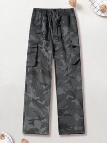Women's Camo Cargo Pants Elastic Waist Drawstring Straight Trousers, Multi-Pocket Outdoor Hiking Sports Pants - Grey - View 3
