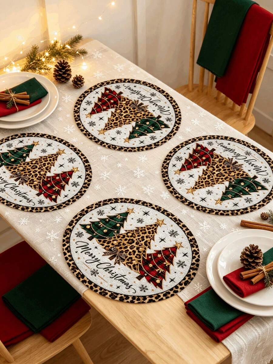1/2/4pcs Christmas Placemats, Christmas Tree And Leopard Print Elements, Round Design, Bamboo And Linen Material, Suitable For Christmas Decoration, Family Gathering Party, Table Decor, Holiday Decor, Indoor Decoration. - Multiple Styles - View 1