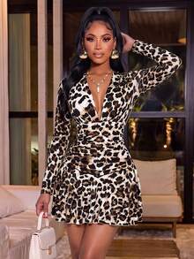 Fashion Women's Deep V-Neck Printed Dress, Long Sleeve Ruffle Hem, Medium Stretch Knit Fabric, Elegant Autumn Style - Leopard Brown - View 11