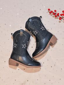Kids Western Style Mid-Calf Boots With Star Embroidery, Perfect For Stage Shows, Party Gatherings And Weekend Trips - Black - View 6