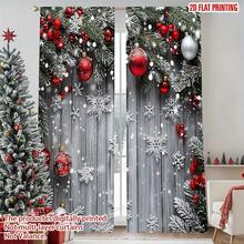 2D Flat Print, 2 Pieces Christmas Curtains With Snowflake, Red Ball And Green Plant Pattern, Durable 100% Polyester Fabric, No Electricity Required, Suitable For Home Party, Perfect For Door, Wall, Yard, 2D Flat - C - View 4