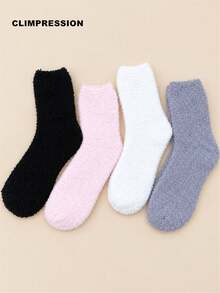 CLIMPRESSION Women's Solid Color Plush Mid-Calf Socks, Soft Coral Fleece Fluffy Warm Comfortable Home Sleep Slippers Socks, Suitable For Winter - White - View 9