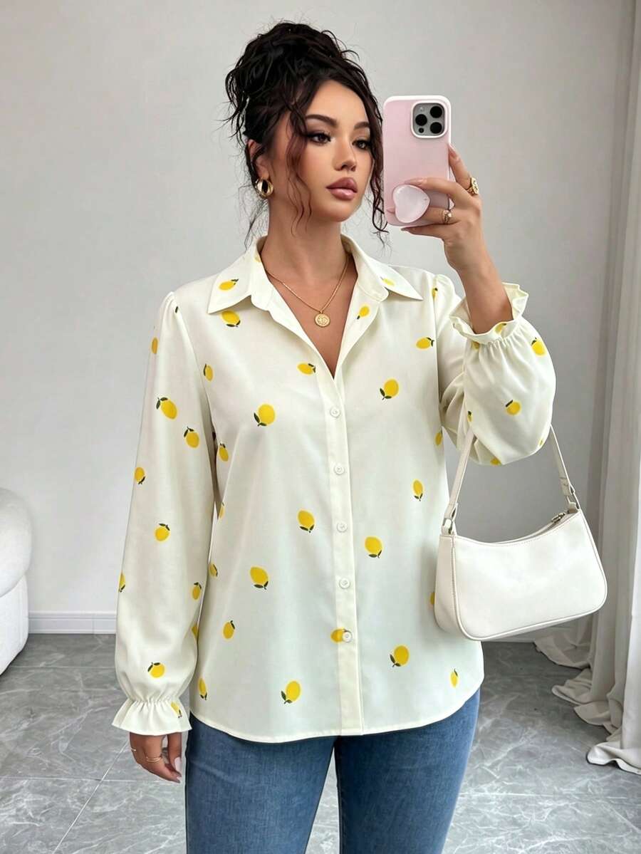 Plus Size Lemon Print Lapel Collar Shirt, Long Sleeve Ruffle Cuff Front Button Casual Blouse