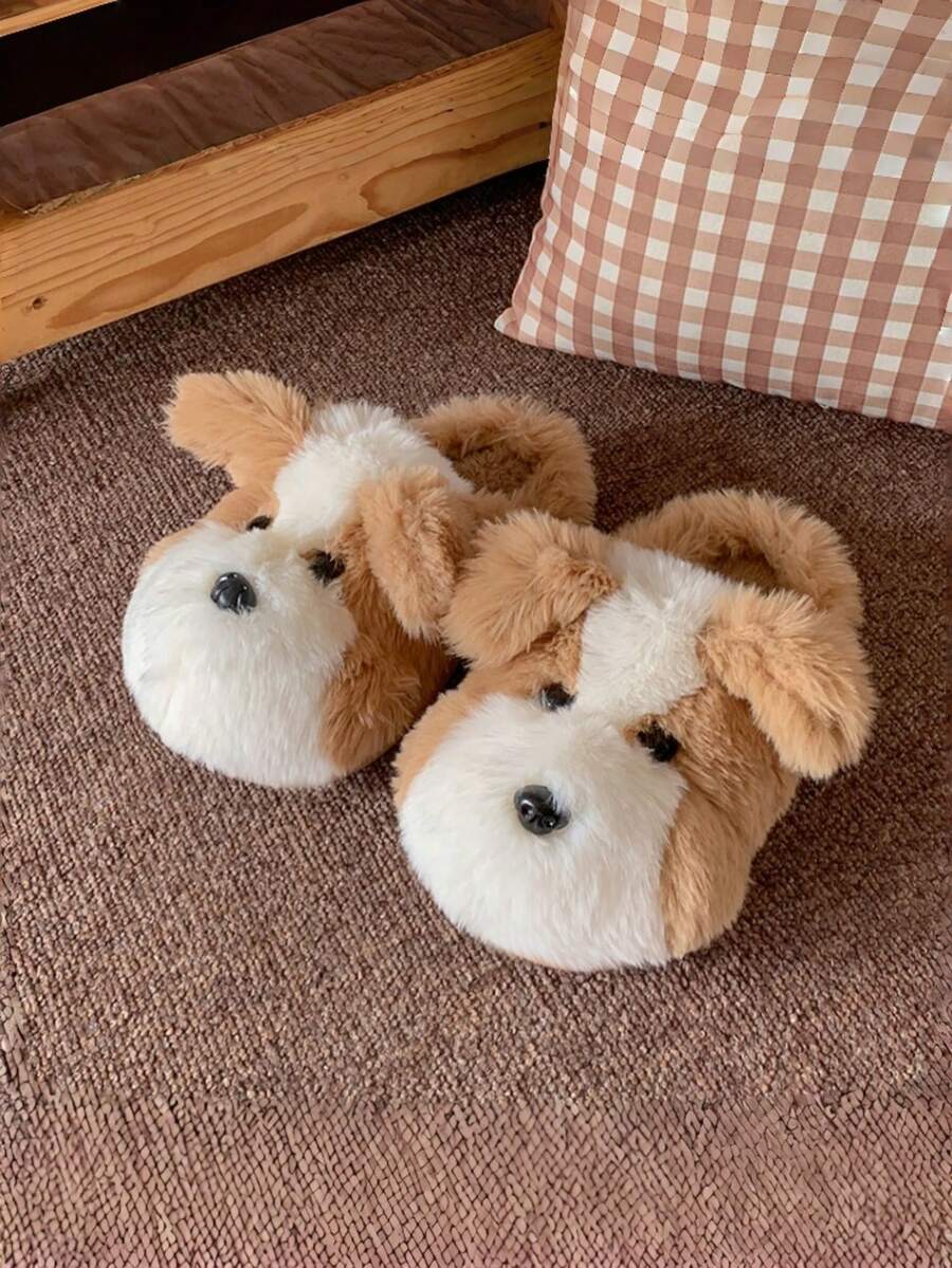 2026 New Winter Thermal Lined Warm Cute Cartoon Dog Fur Home Thermal Slippers - Khaki - View 1