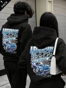 Women's Fleece Hooded Sweatshirt, Blue Racing Print, "50 STREET SUNDAY RACE" Text And Checkered Flag, Back Graphic, Y2K Style, Autumn/Winter - Black - View 3