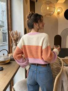 Women's Pink Gradient Striped Mohair Knit Cardigan Button Sweater Loose Lantern Sleeve Short Jacket Autumn/Winter Sweet Style - Multicolor - View 3