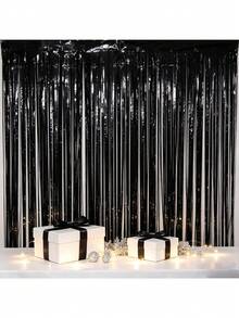 5pcs 1*2m Laser Black Metallic Glitter Plastic Fringe Curtain, Foil Sequin Decorative Curtain For Party Door And Window Decor - Black - View 5