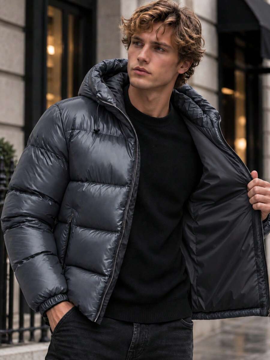 Men's Casual Puffer Jacket With Hood Premium Quality | Warm Padded Winter Outerwear - Grey - View 1
