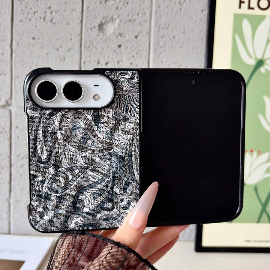 1pc New Western Style Black Paisley Flower Magnetic Foldable Phone Case Compatible With Apple DUO, Unisex Gift, Shockproof Anti-Slip Dirt-Resistant Protective Shell