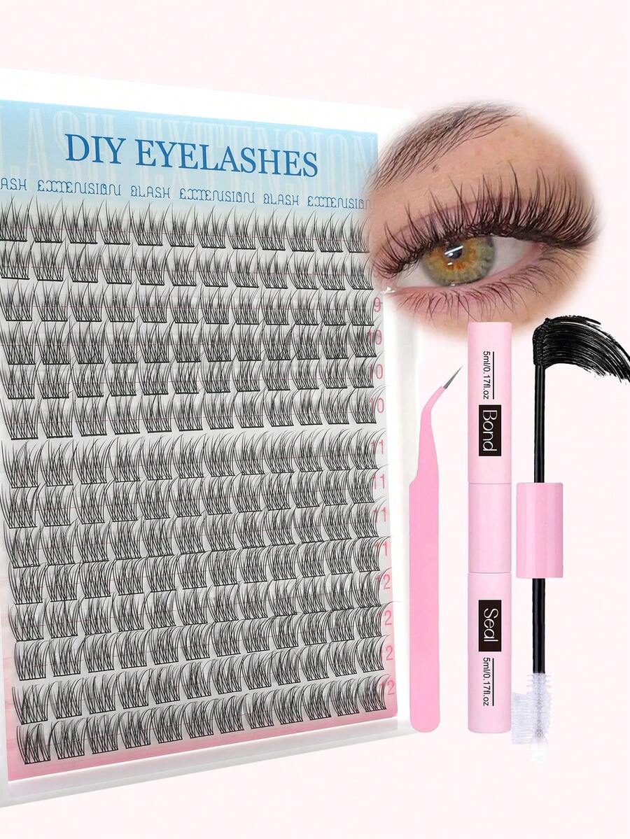 168 Pcs D Curl Natural Eyelash Extension Kit, 168 Pcs Cluster Lashes Kit, Thin Eyelash Extension, 9-12mm Individual Lashes, With Lash Glue And Eyelash Extension Tweezers, DIY Home Eyelash Extension Kit, Eyelashes, False Eyelashes - Black - View 1