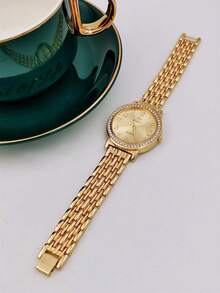 1pc Women's Fashion Shiny Gold Rhinestone Trim Quartz Watch, Elegant Round Arabic Numeral Dial Metal Chain Strap Wristwatch, Suitable For Daily Wear - Gold - View 4