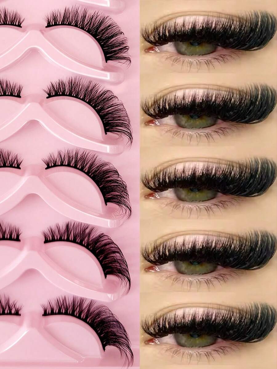 7pairs Cat Eye Lashes Natural Long Clear Band Lashes, Winged End Eye Elongated Eyelashes, Soft Fiber False Eyelashes For Makeup - Pink - View 1