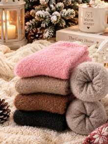 Solid Color Fluffy Fuzzy Women Winter Socks Soft Warm Plush Mid Calf Socks Comfortable Sleeping Home Socks - Multicolor - View 3