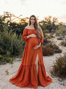 Bohemian Style Maternity Off-Shoulder Dress, Bishop Sleeves, Ruffle Hem, Long Woven Fabric Dress, Suitable For Photography Fall - Burnt Orange - View 2