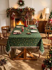 1PC Green Tablecloth With Gold Bell & Snowflake Pattern, Hot Stamping Craft, Farmhouse Christmas Style, Woven Fabric With Tassel Edge, Washable & Wrinkle Resistant, Decorative Table Cover For Dining Table, Xmas Holiday Party Decoration - Green - View 3