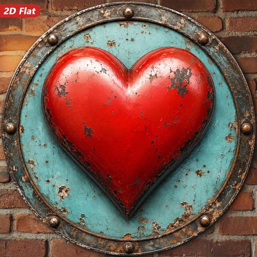 2D Flat, 1pc Rustic Style Heart-Shaped Round Metal Sign Wall Art, Red Heart Pattern, Distressed Turquoise Background, Rustic Metal Appearance, Vintage Farmhouse Style, Suitable For Bedroom Studio, Home Decor Accent (Random Hole Position) - A - View 1