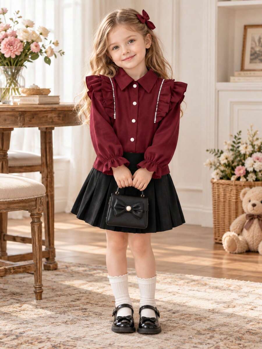 Girls Burgundy Collared Ruffle Trim Rhinestone Long Sleeve Blouse + Black Pleated Mini Skirt 2-Piece Set, Preppy Style - Burgundy - View 1