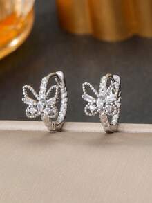 1 Pair Butterfly Cubic Zirconia Earrings For Women, Gold And Silver Dual-Color Hoop Options, Suitable For Daily Wear And Parties, Perfect Valentine's Day Gift - Butterfly - View 6