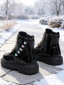 1 Pair Kids' Boots, Shiny PU + Colorful Heart Decor, Round Toe Soft Sole Height-Increasing Inner Zipper Design, Fashionable Cute Sweet Cool Biker Style Mid-Calf Leather Boots, Suitable For Daily, Holiday, School, Autumn/Winter New Style - Black - View 6