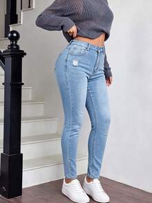 Women's Casual Light Wash Distressed Slim Fit Ankle Length Jeans, High Stretch Button & Zipper Closure, Suitable For Autumn And Winter - Light Wash - View 5
