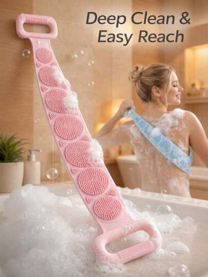 1pc Silicone Back Scrubber, Self-Cleaning Bath Tool, Extra Long Double-Sided Silicone Bath Brush Massage Back Scrubber, Bathroom Back Cleaning Bath Towel