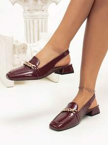 Women's Mid-Heel Patent Leather Loafers With Back Strap, Square Toe, Metal Chain Decor, Comfortable Commuter Shoes - Burgundy - View 4