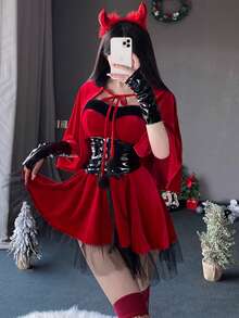 Halloween Devil Women's Costume Set, With Hooded Cape, Corset Belt And Horn Headband - Burgundy - View 1