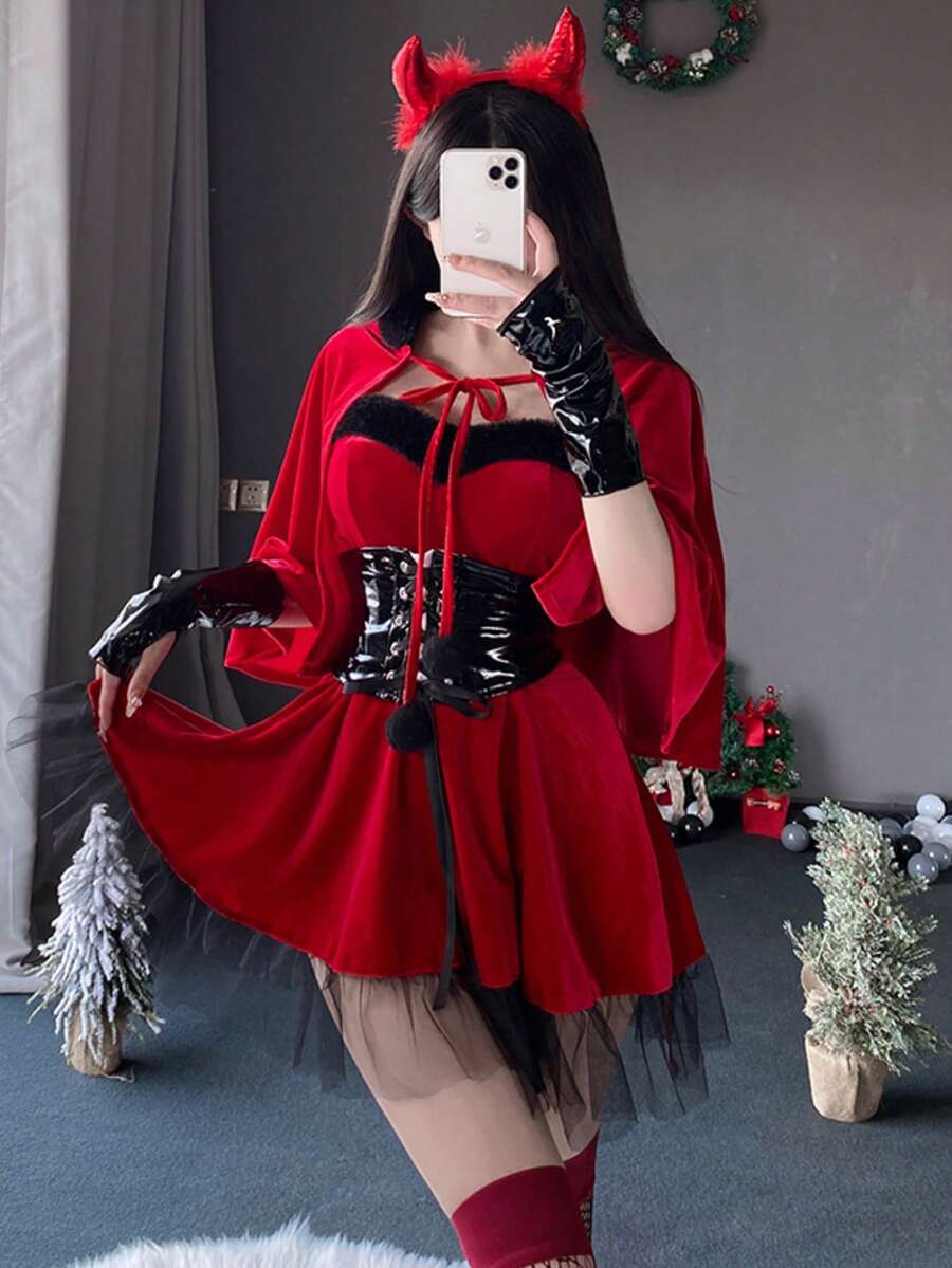 Halloween Devil Women's Costume Set, With Hooded Cape, Corset Belt And Horn Headband - Burgundy - View 1