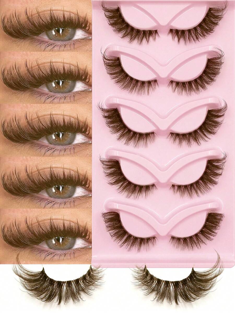 Asiteo 5 Pairs New Brown Fox Eye/Cat Eye False Eyelashes, Create Charming Makeup, Natural Curl And Length, Sexy Eyelashes Enhance Charm - Brown - View 1