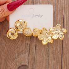 1 Set/3pcs/9pcs Multi-Style CCB Golden Earrings, Bow & Starfish & Flower & Chunky Stud Earrings, Statement Fashion Jewelry - Yellow Gold - View 10