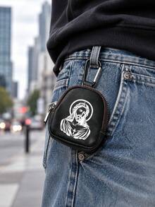Mini Zipper Wallet With Jesus Design (With Snap Closure), Portable PU Leather Headphone Pouch, Small Key And Card Holder, Original Coin Purse, Zipper Earphone Storage Bag, Key Holder And Keychain Accessories - Multicolor - View 2