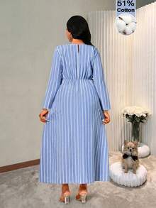 BIUBIU Women's Plus Size Striped Button Detailed Long Tunic Dress With Round Neck, Long Regular Sleeves, And Woven Fabric For Casual Or Modest Fall Wear - Blue - View 2