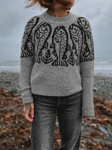 Women's Fashion Loose Casual Comfortable Fish Scale Pattern Colorblock Sweater - Grey - View 3