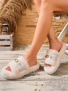 Women's Autumn/Winter Plush Slip-On Slippers With Metal Buckle Decor, Thick Sole Warm Fuzzy House Shoes - White - View 4