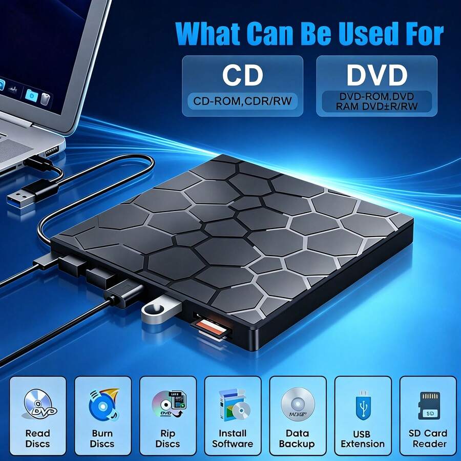 8 In 1 USB 3.0 External CD DVD Drive, Ultra Slim Portable DVD CD Burner With USB Hub & SD Card Reader, Rewritable Optical Disk Drive For Laptop Desktop, Compatible With Windows 11/10/8/7 Linux