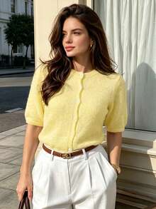 DONICY Women's Light Yellow Crew Neck Short Sleeve Button Knit Sweater Cardigan, Elegant Outfit For Spring Summer Casual Tops - Yellow - View 1