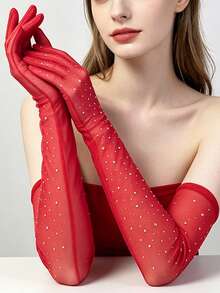 1 Pair Women's Long Arm Sleeves Mesh Rhinestone Gloves, Sheer Sparkling Evening Party Ball Dress Accessory - A - View 7