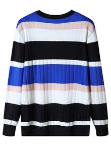 GRDR Men's Multi-Color Horizontal Ribbed Vertical Ribbed Knit Sweater, Autumn/Winter Retro Textured Contrast Color Crew Neck Casual Pullover - Blue - View 9