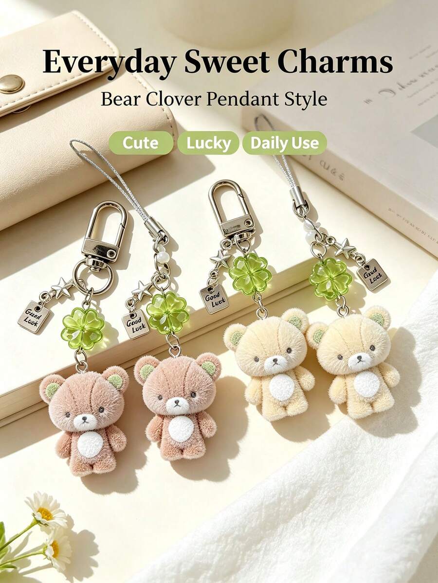 2Bear Keychain Phone Charm,Kawaii Coquette Bag Charm,Flocked Mini Bear Four Leaf Clover Good Luck Star Pendant,Sweet Aesthetic Backpack Key Ring Gift. - Multicolor - View 1