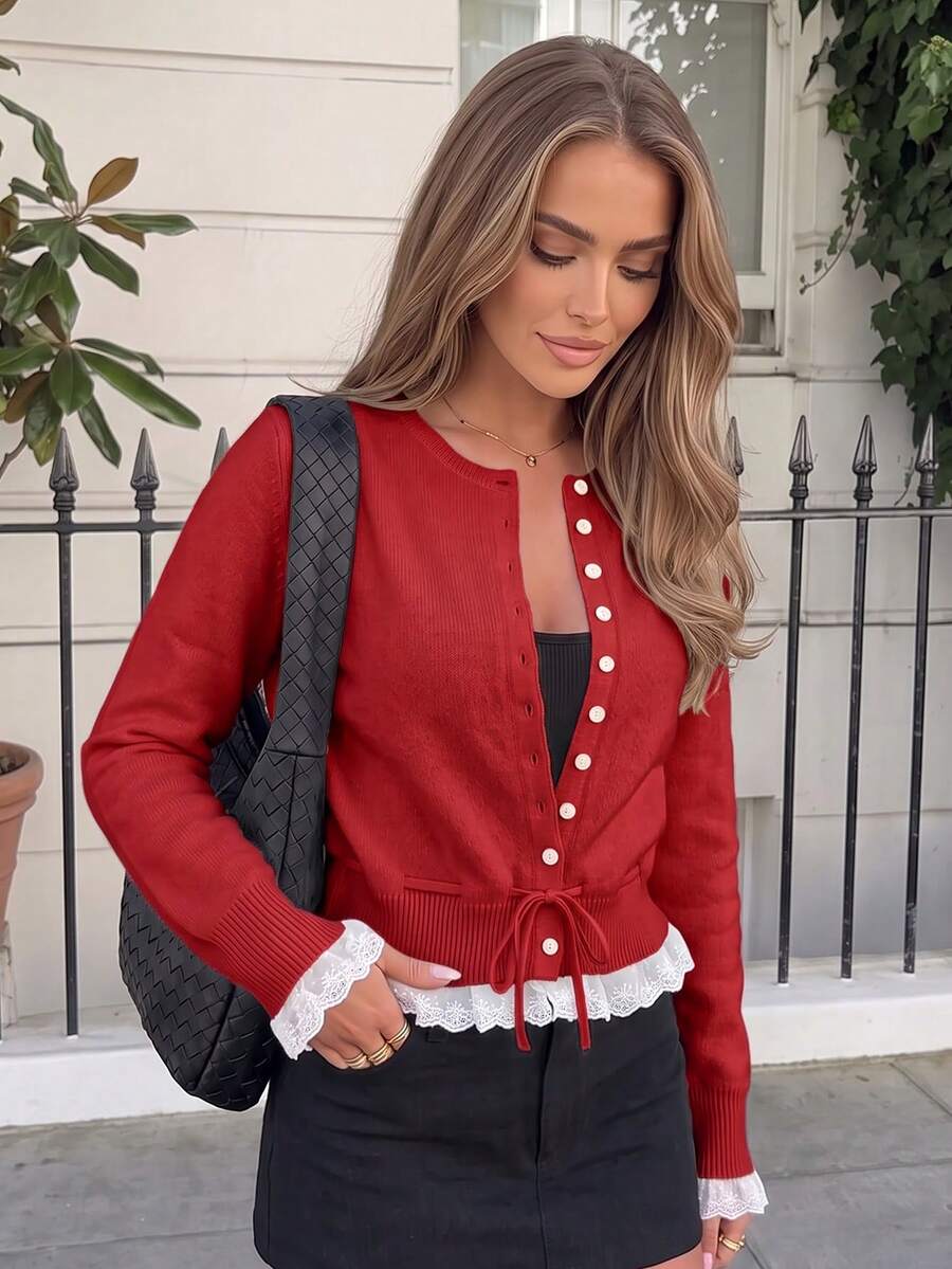 Women's Knitted Cardigan, Long Sleeve Round Neck, Button Front Closure, Contrast Lace Trim, Regular Length, Suitable For Autumn/Winter Wear. - Red - View 1