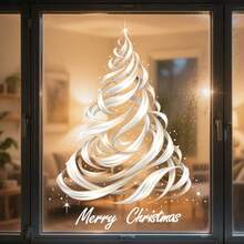 1pc Elegant Ribbon Christmas Tree Window Sticker, Merry Christmas Text With Sparkling Stars Static Window Decal, Single-Sided Printed Reusable PVC Glass Sticker For Indoor Windows, Modern Christmas Holiday Party Home Decor - Multicolor - View 5