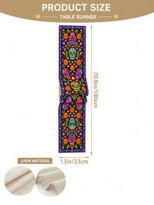 1pc Colorful Day Of The Dead Skull Table Runner, Rustic Boho Linen Rectangular Table Scarf With Calavera Faces, Marigold Blooms, Botanical Motifs & Decorative Edge, Reusable Dining Decor For Ofrenda, Halloween Party, Kitchen & Fall - Multicolor - View 14
