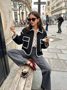 Women's Colorblock Ruffle Trim Short Jacket, Lapel Collar Button Front Long Sleeve Casual Short Coat With Pockets - Black - View 2