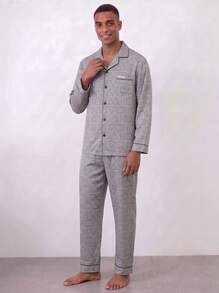 Snug League [PONX]男士两件套睡衣，长袖上衣和长裤，透气吸湿，春秋季/秋冬季服装 - 淺灰色 - 查看 5