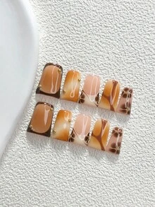 秋季 10 件組美拉德風手工穿戴甲 Polygel 凝膠美甲套組，鋼珠裝飾，棕色指甲油，柔和簡約風，3 種尺寸可選，杏仁甲、鴨嘴甲、棺材甲，適用派對、舞蹈、日常穿著（手工細節可能有所不同） - 彩色 - 查看 2