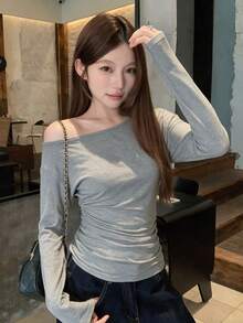 Teen Girl Casual Vibe Asymmetrical Shoulder Rhinestone Pleated Detail Long Sleeve Top, Early Autumn New Arrival, Suitable For Dating, Store Visiting, Casual Outings - Grey - View 5